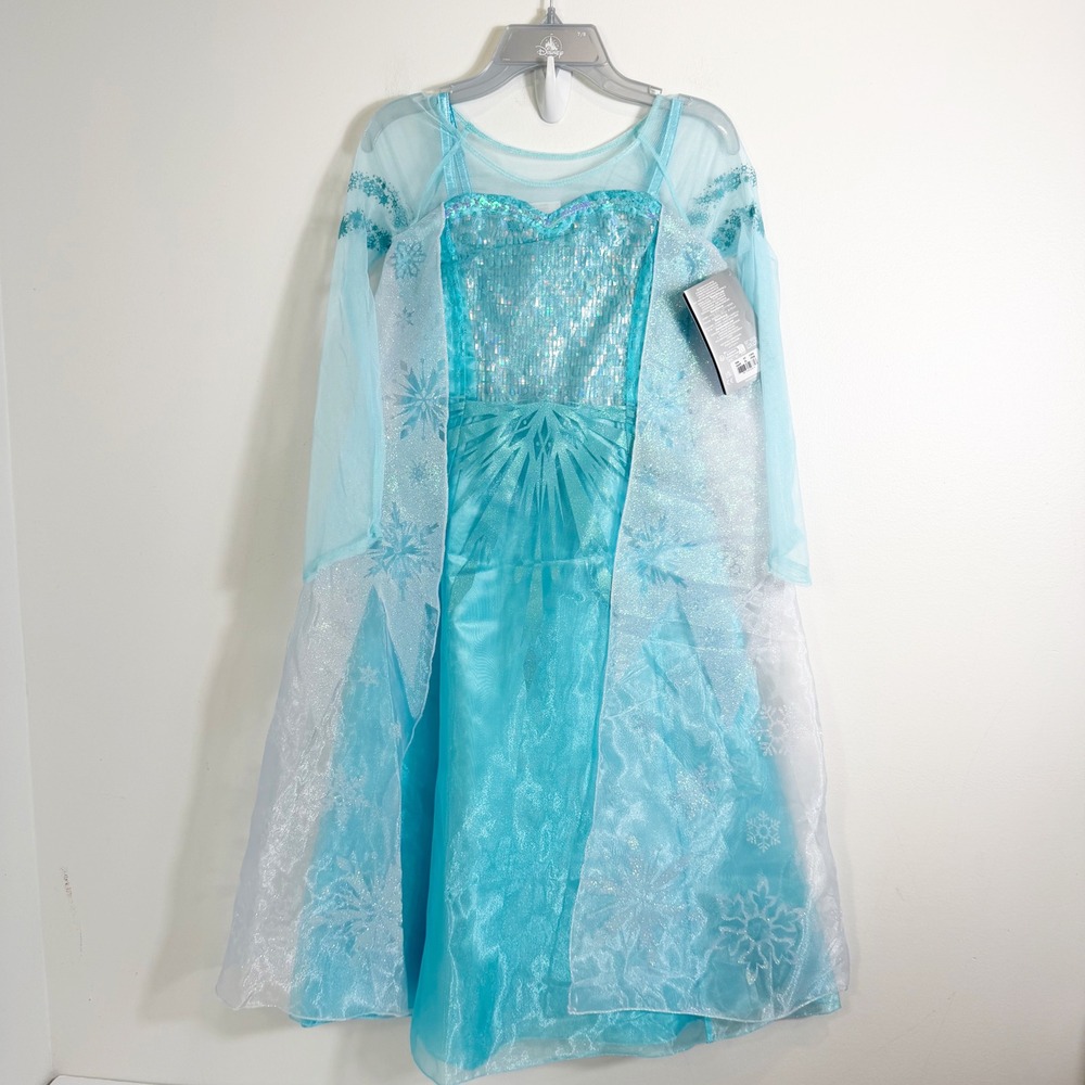 Disney Elsa Costume Dress Girls 7/8 Blue Frozen Snowflake Sequined Cape NWT